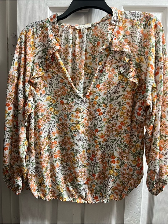 Tops - Floral Ruffle V-Neck Blouse - White with Orange & Green Floral
